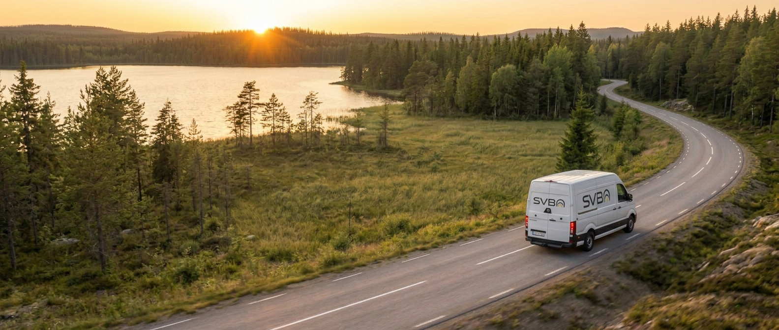 SVBO:s servicebil på en landsväg genom svensk natur
