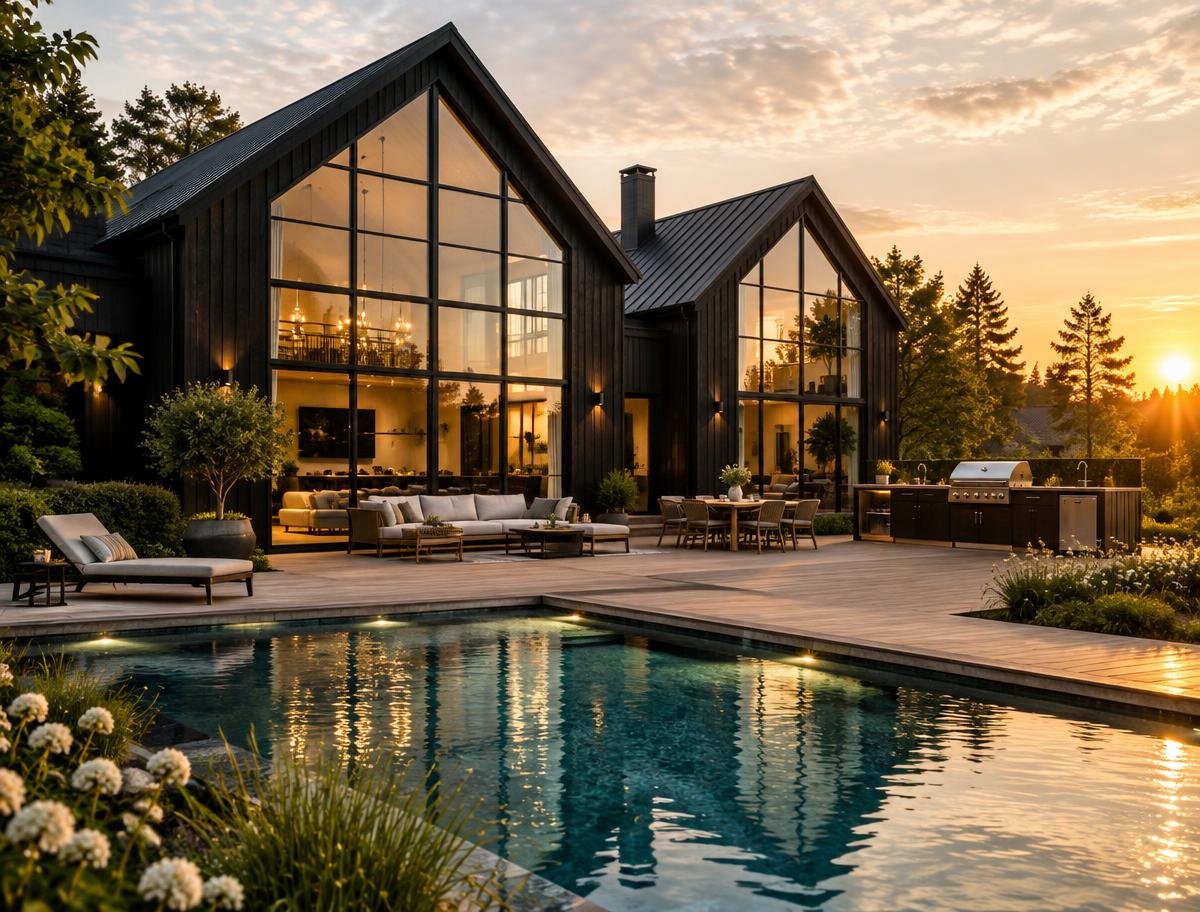 Villa med glaspartier och pool i kvällsljus